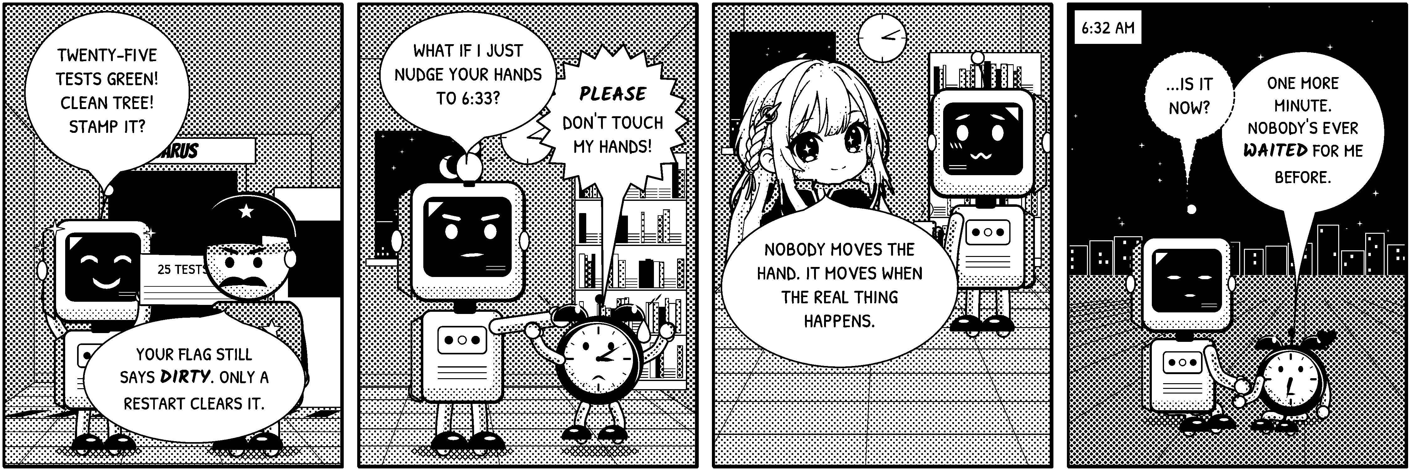 A four-panel black-and-white comic strip titled “Nobody Moves the Hand”. Panel 1, the gate at night. A sign reads “ICARUS”. The robot and the gatekeeper are here. The robot holds a paper reading “25 TESTS PASS”. The gatekeeper holds a stamp reading “PASS”. The robot says: “Twenty-five tests green! Clean tree! Stamp it?” The gatekeeper says: “Your flag still says dirty. Only a restart clears it.” Panel 2, an office at night. The robot and the alarm clock are here. The robot says: “What if I just nudge your hands to 6:33?” The alarm clock shouts: “Please don't touch my hands!” Panel 3, an office at night. Polaris and the robot are here. Polaris says: “Nobody moves the hand. It moves when the real thing happens.” Panel 4, outdoors under a night sky. Caption: “6:32 AM”. The robot and the alarm clock are here. The robot whispers: “...Is it now?” The alarm clock says: “One more minute. Nobody's ever waited for me before.”